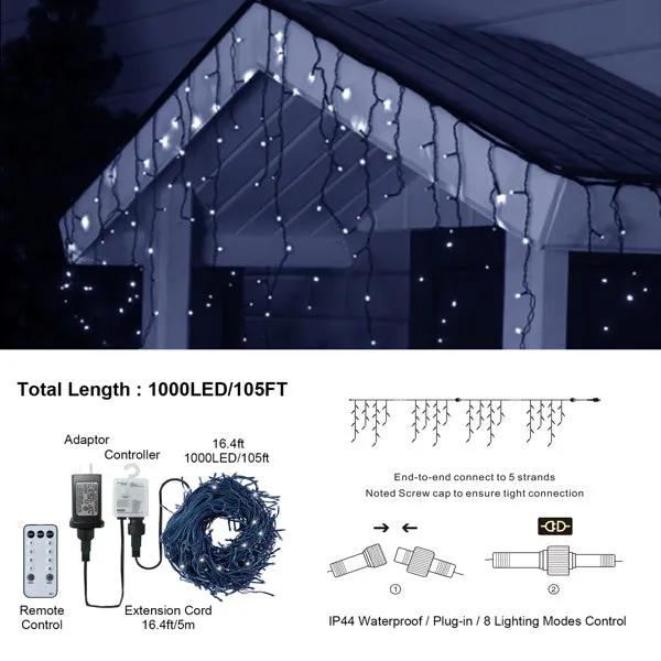 105ft Outdoor LED Curtain Fairy Lights - Waterproof Christmas Decor