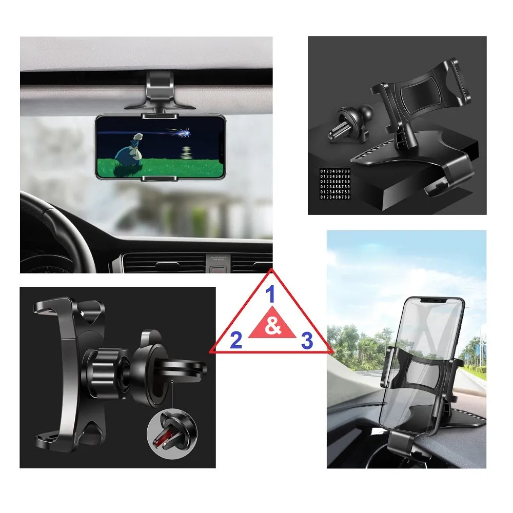 3 in 1 Car GPS Smartphone Holder: Dashboard / Visor Clamp   AC Grid Clip for Alcatel Pixi Theatre - Black