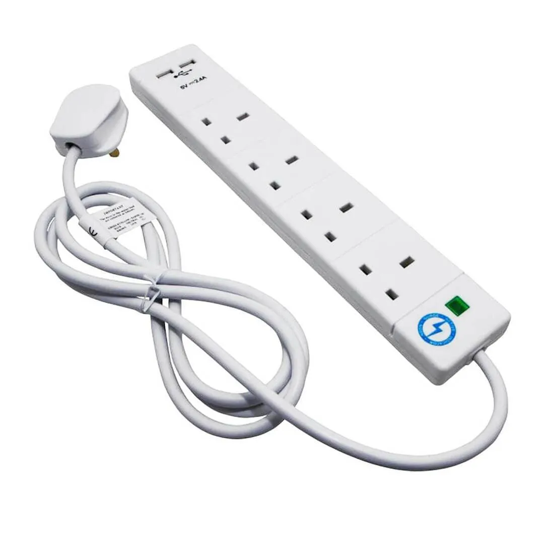 4 Socket 2 USB 2m Cable Surge Protected Extension Lead White