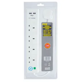 4 Socket 2 USB 2m Cable Surge Protected Extension Lead White
