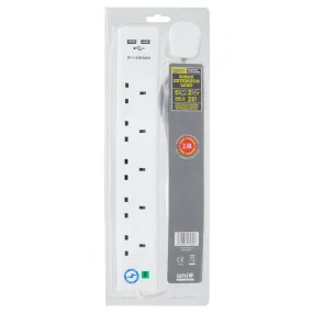 5 Socket 2 USB 2m Cable Surge Protected Extension Lead White