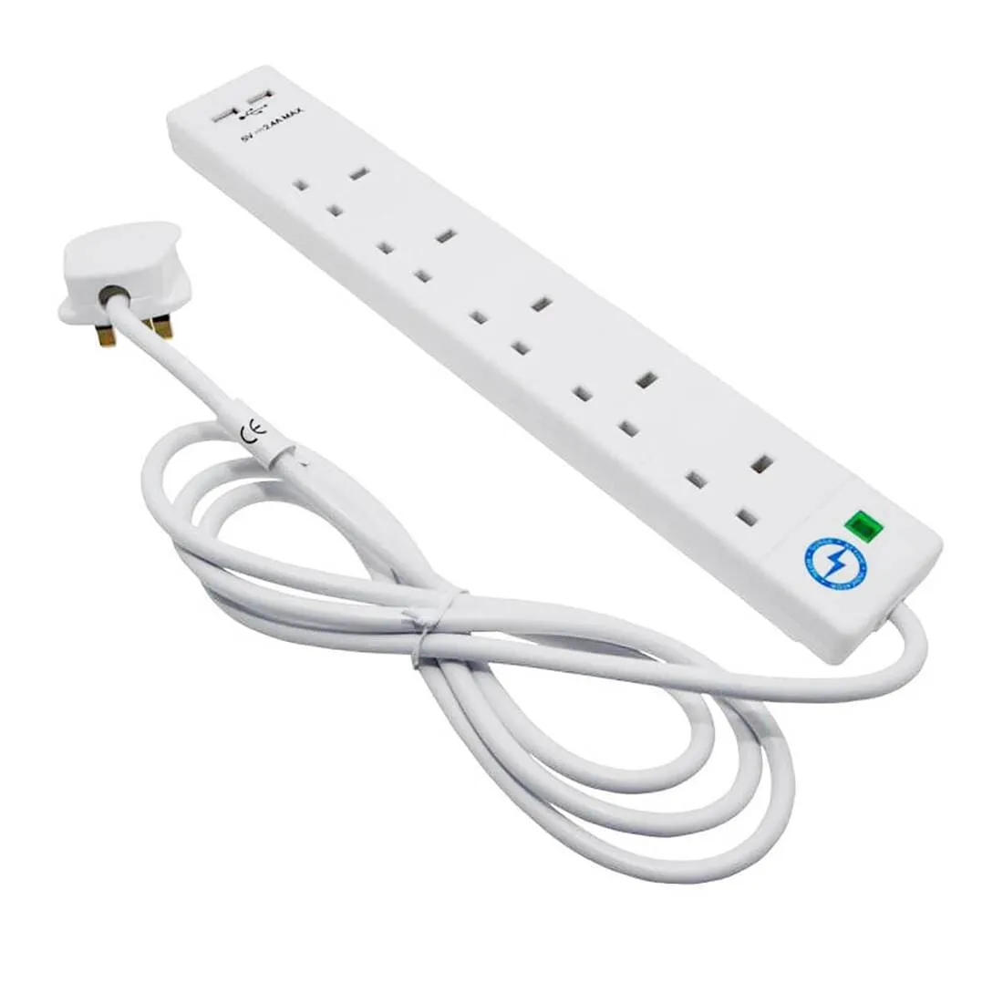 5 Socket 2 USB 2m Cable Surge Protected Extension Lead White
