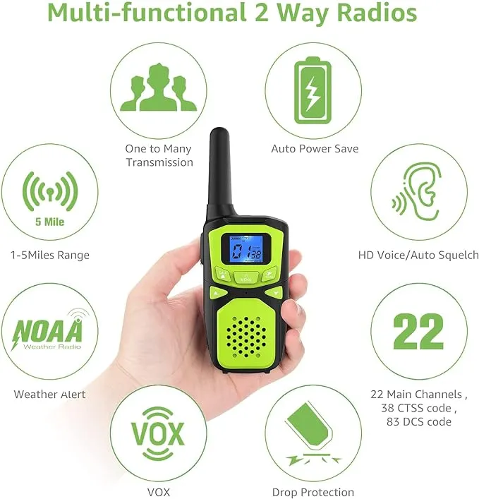 Adult Walkie Talkies Long Range Rechargeable Portable Two-Way Walkie Talkie, Camping Gear, SOS Sirens, NOAA Weather Alarms, Kid's Toys, Easy-to-Use Rechargeable Walkie Talkies,2 Packs