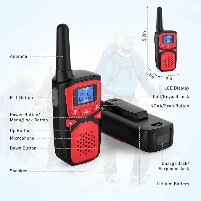 Adult Walkie Talkies Long Range Rechargeable Portable Two-Way Walkie Talkie, Camping Gear, SOS Sirens, NOAA Weather Alarms, Kid's Toys, Easy-to-Use Rechargeable Walkie Talkies,4 Packs