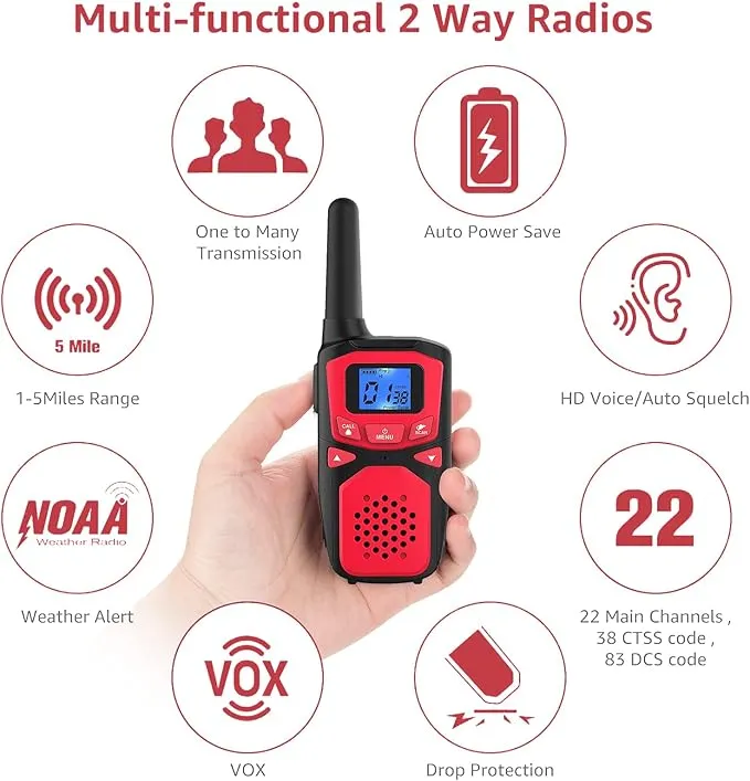 Adult Walkie Talkies Long Range Rechargeable Portable Two-Way Walkie Talkie, Camping Gear, SOS Sirens, NOAA Weather Alarms, Kid's Toys, Easy-to-Use Rechargeable Walkie Talkies,4 Packs