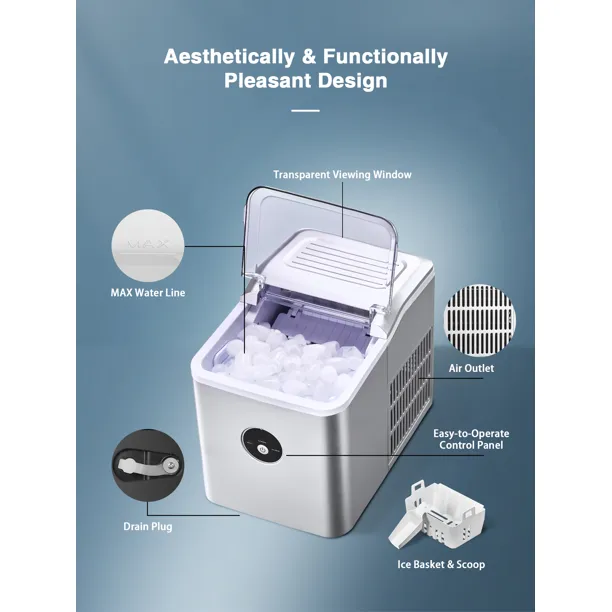 AICOOK | Ice Maker Countertop, 28 lbs. Ice in 24 Hrs, Portable Ice Maker Machine 2L with LED Display Perfect for Parties Mixed Drinks, Ice Scoop and Basket