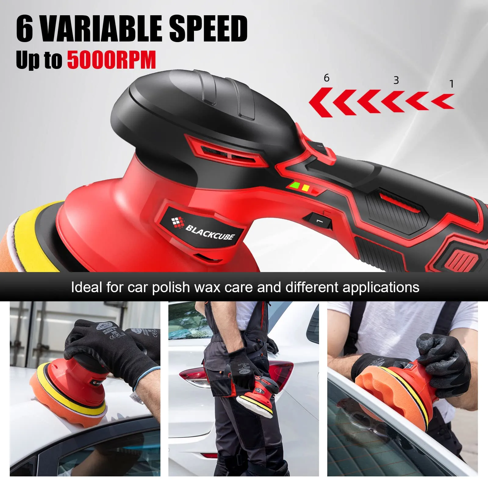 BLACKCUBE Cordless Car Buffer Polisher - 2PCS 12V 2000mAh Lithium Rechargeable Battery, 6 Variable Speeds - Wireless Buffer Polisher Kit for Car Detailing and Scratch Repair