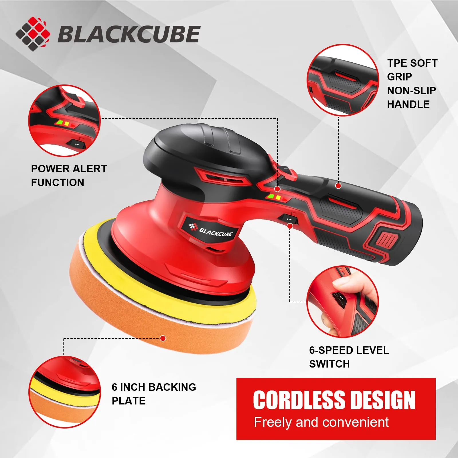 BLACKCUBE Cordless Car Buffer Polisher - 2PCS 12V 2000mAh Lithium Rechargeable Battery, 6 Variable Speeds - Wireless Buffer Polisher Kit for Car Detailing and Scratch Repair