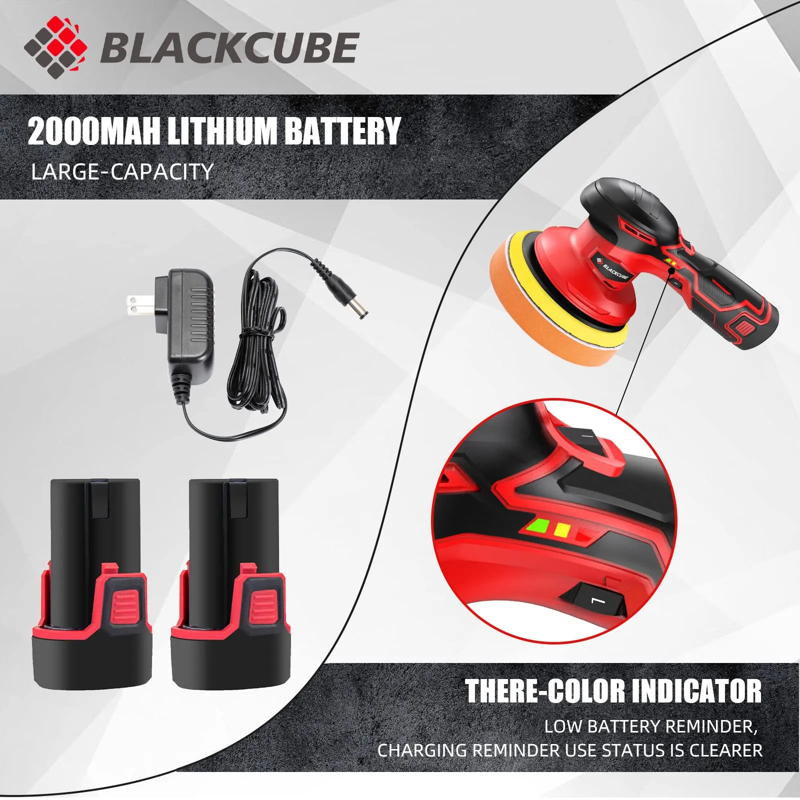 BLACKCUBE Cordless Car Buffer Polisher - 2PCS 12V 2000mAh Lithium Rechargeable Battery, 6 Variable Speeds - Wireless Buffer Polisher Kit for Car Detailing and Scratch Repair