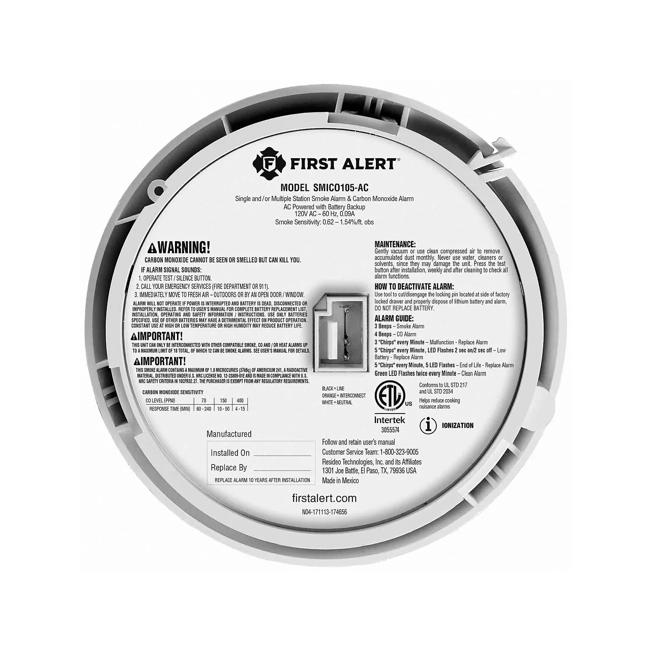 BRK SMIC0105-AC  AC Powered Smoke Carbon Monoxide Combo Detector 10 YR Battery