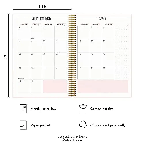 Burde Planner 2024 | Daily & Weekly Planner | Life Planner Pink Horizontal | 18 December 2023-5 January 2025 | Hardcover & Spiralbound A5 Format | Monthly & Yearly Overview | Stickers Included
