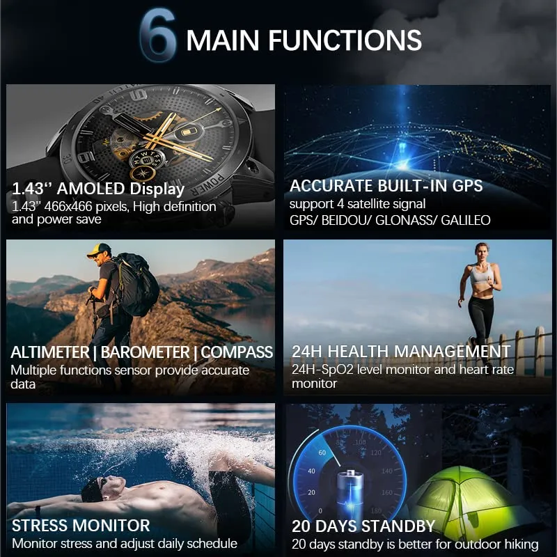 CakCity 46mm Smartwatch Fitness Watch IP68 Waterproof Activity Tracker with Full Touch Color Screen,Altimeter,Compass,GPS Watch for Android and iOS Phones, Military Smart Watches for Men
