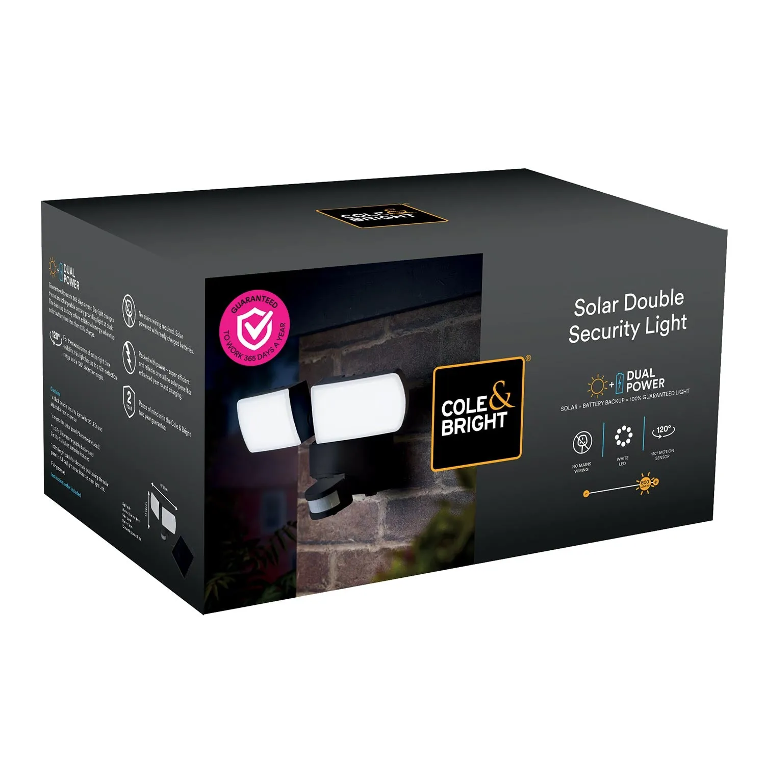 Cole & Bright Dual Power Double Solar Security Light - 800 Lumens