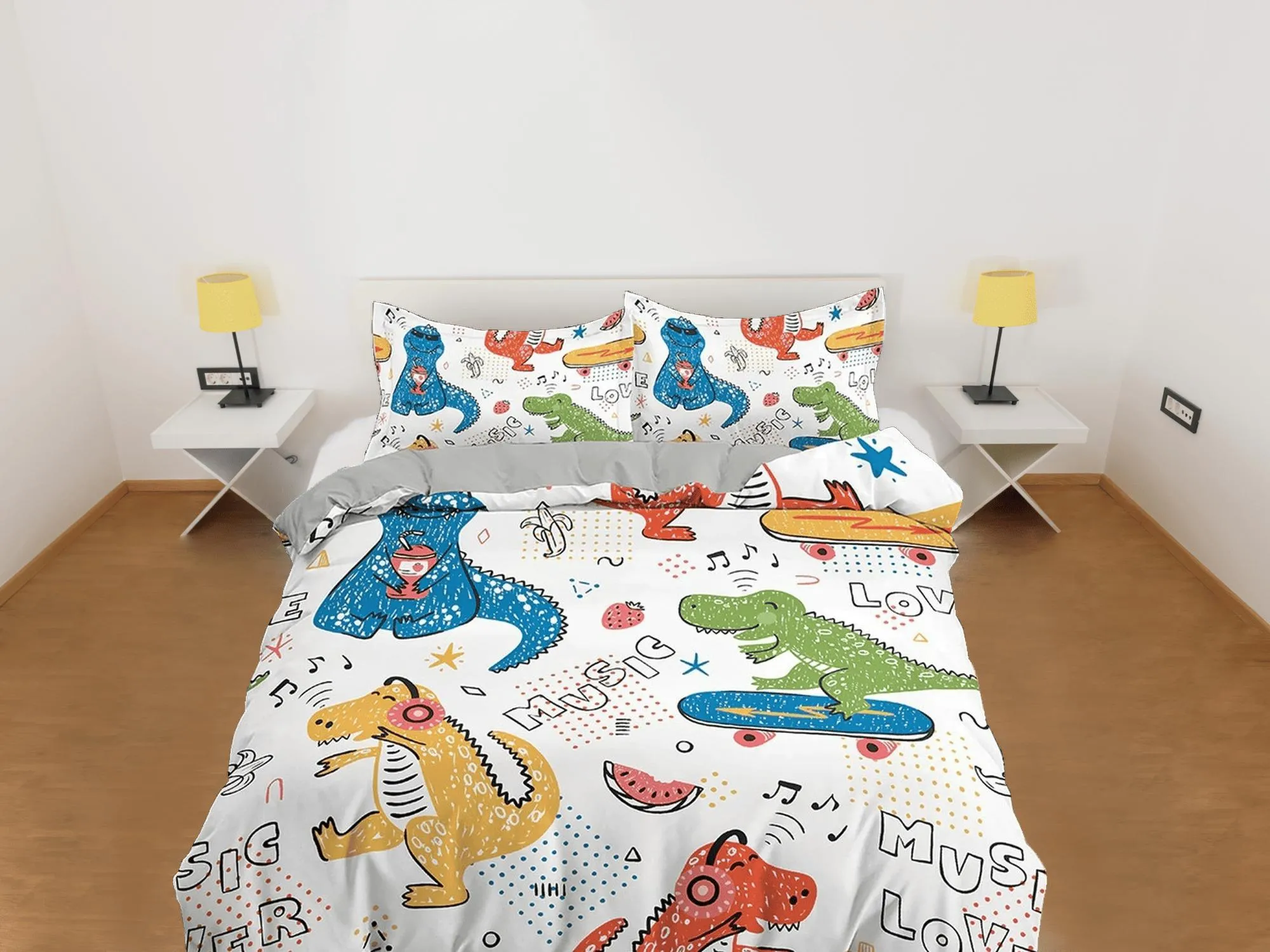 Colorful Dinosaurs Music Lovers, Cool Toddler Bedding, Unique Duvet Cover for Kids, Crib Bedding, Baby Zipper Bedding, King Queen Full Twin