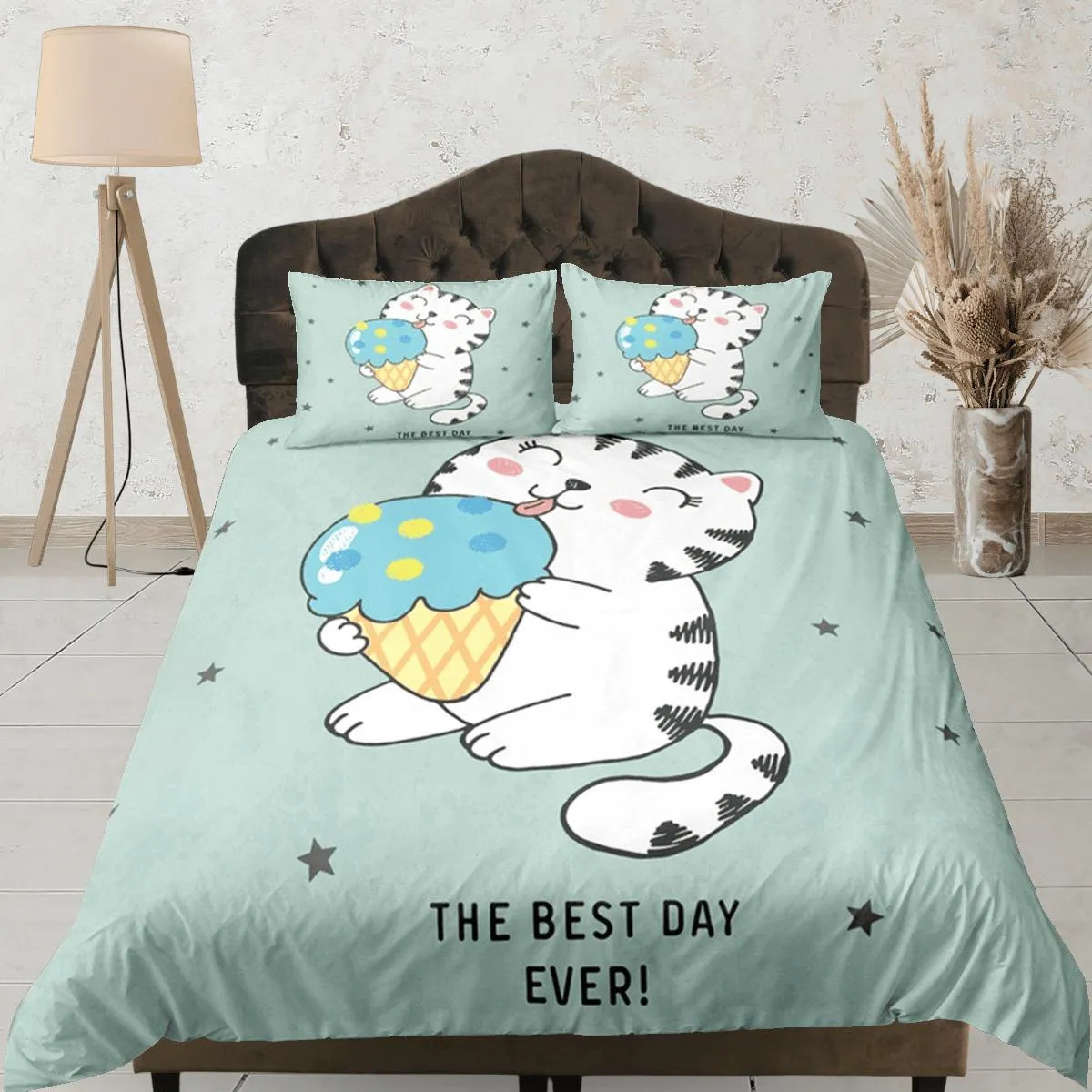 Cute Cat Bedding Green, Neutral Gender Toddler Bedding, Kids Duvet Cover Set, Baby Bedding, Baby Shower Doona Cover up to California King