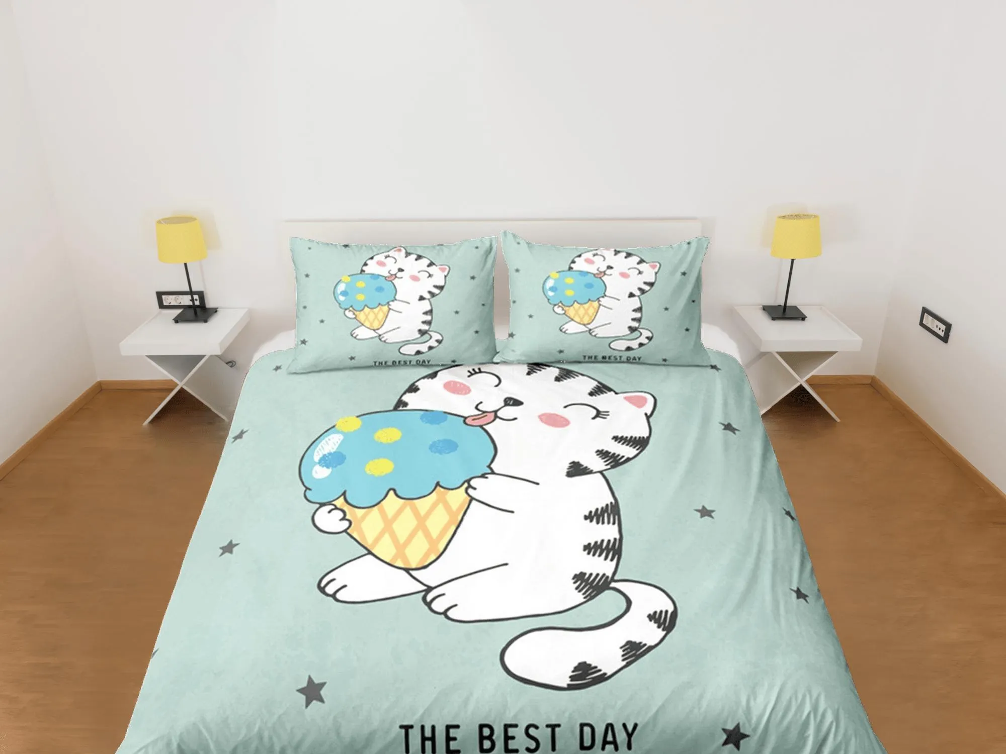 Cute Cat Bedding Green, Neutral Gender Toddler Bedding, Kids Duvet Cover Set, Baby Bedding, Baby Shower Doona Cover up to California King