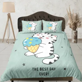 Cute Cat Bedding Green, Neutral Gender Toddler Bedding, Kids Duvet Cover Set, Baby Bedding, Baby Shower Doona Cover up to California King