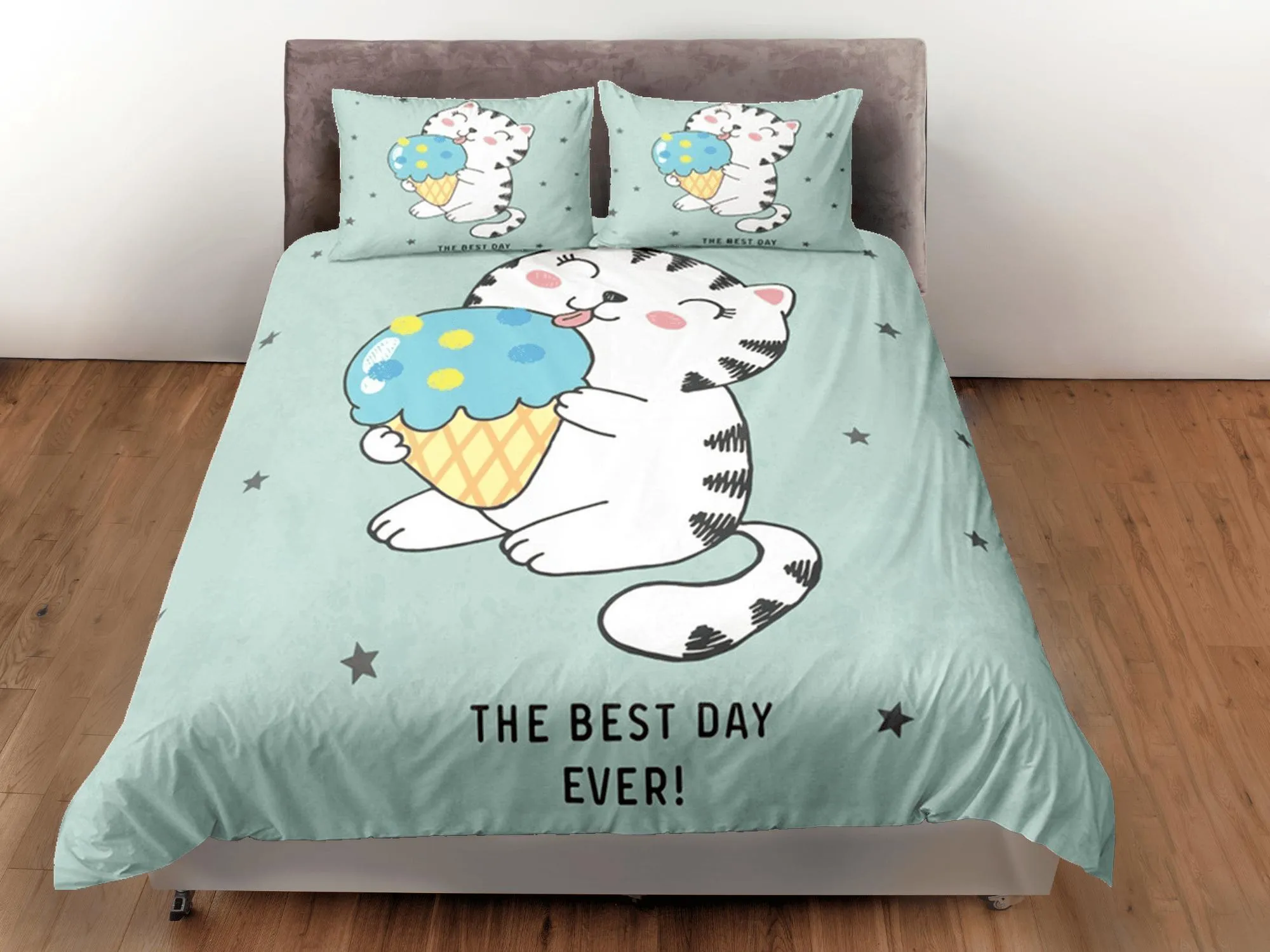 Cute Cat Bedding Green, Neutral Gender Toddler Bedding, Kids Duvet Cover Set, Baby Bedding, Baby Shower Doona Cover up to California King