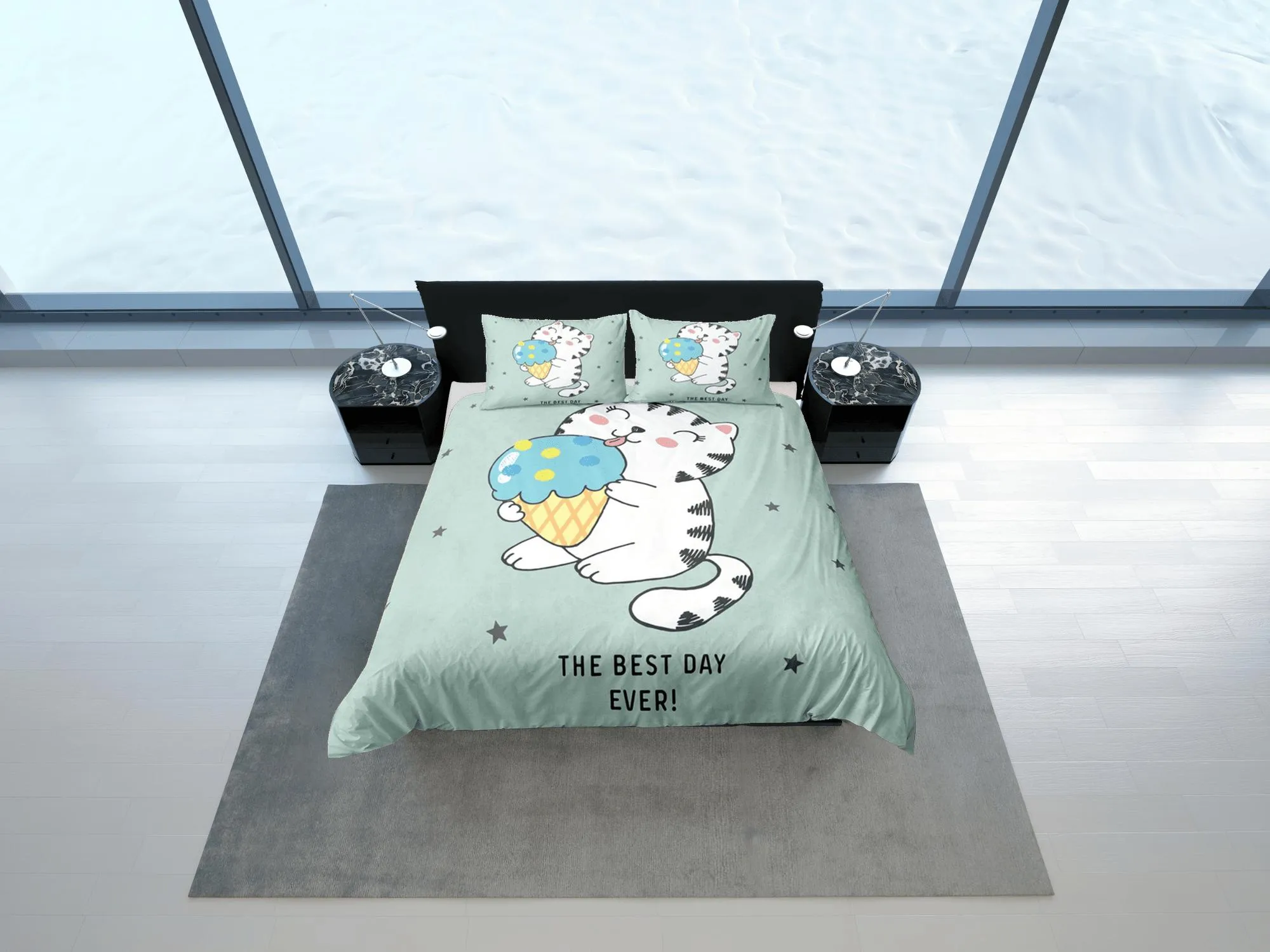 Cute Cat Bedding Green, Neutral Gender Toddler Bedding, Kids Duvet Cover Set, Baby Bedding, Baby Shower Doona Cover up to California King