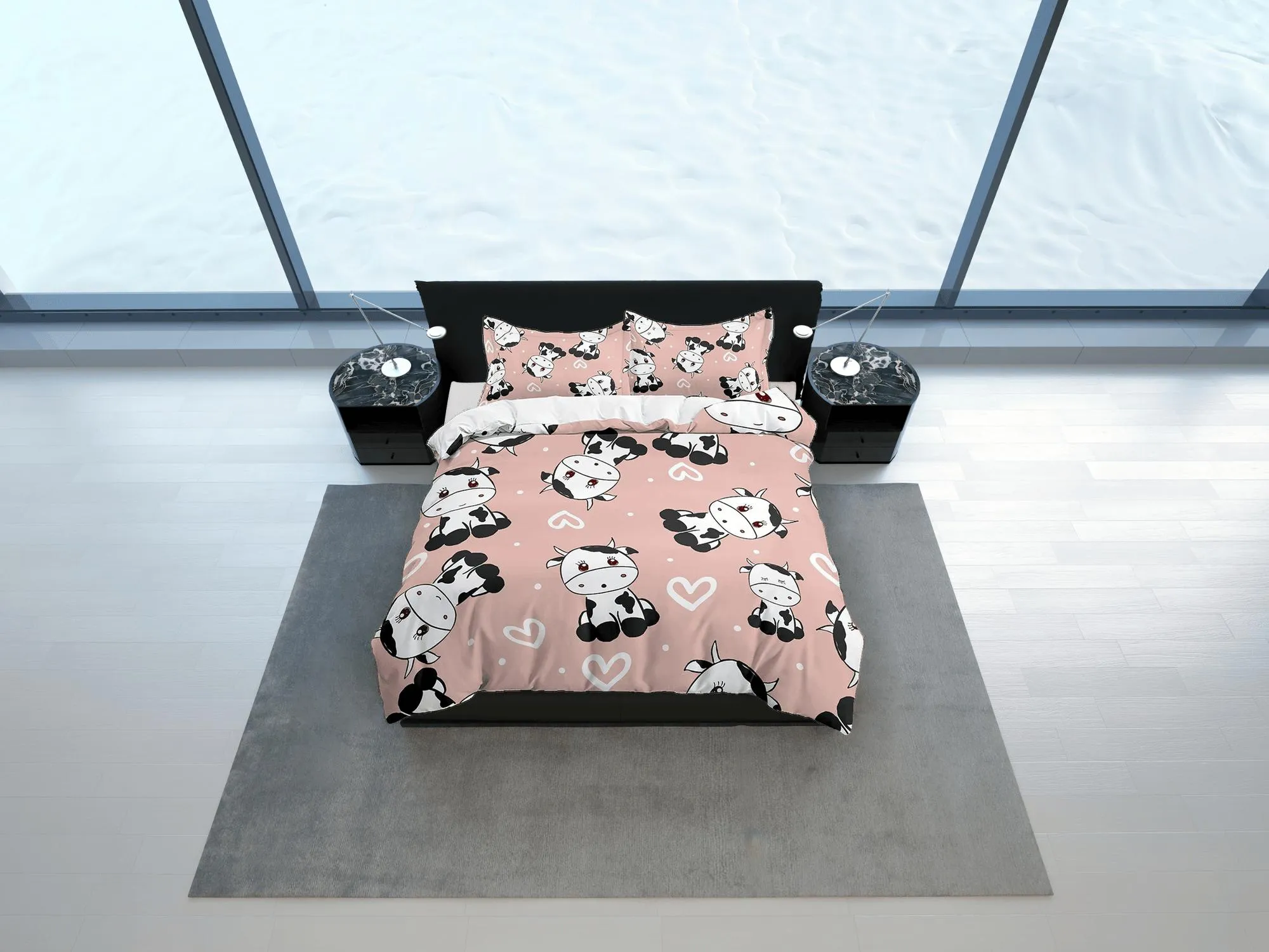 Cute Cow Peach Colored Toddler Bedding, Unique Duvet Cover for Kids, Crib Bedding with Pillowcase, Baby Zipper Bedding, King Queen Full Twin