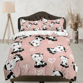 Cute Cow Peach Colored Toddler Bedding, Unique Duvet Cover for Kids, Crib Bedding with Pillowcase, Baby Zipper Bedding, King Queen Full Twin