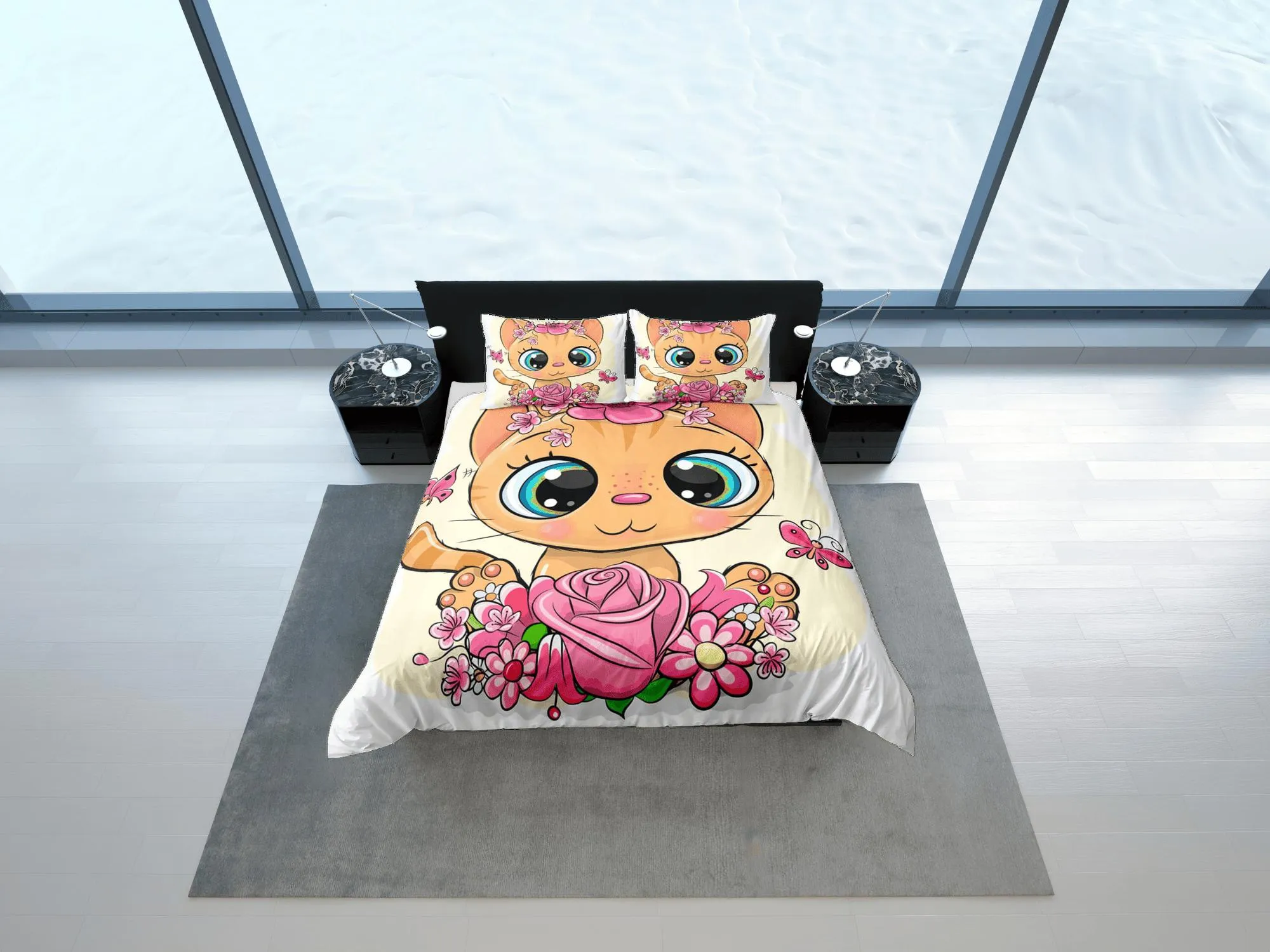Cute Floral Big Eyed Cat Bedding, Girly Toddler Bedding, Kids Duvet Cover Set, Baby Bedding, Baby Shower Doona Cover up to California King