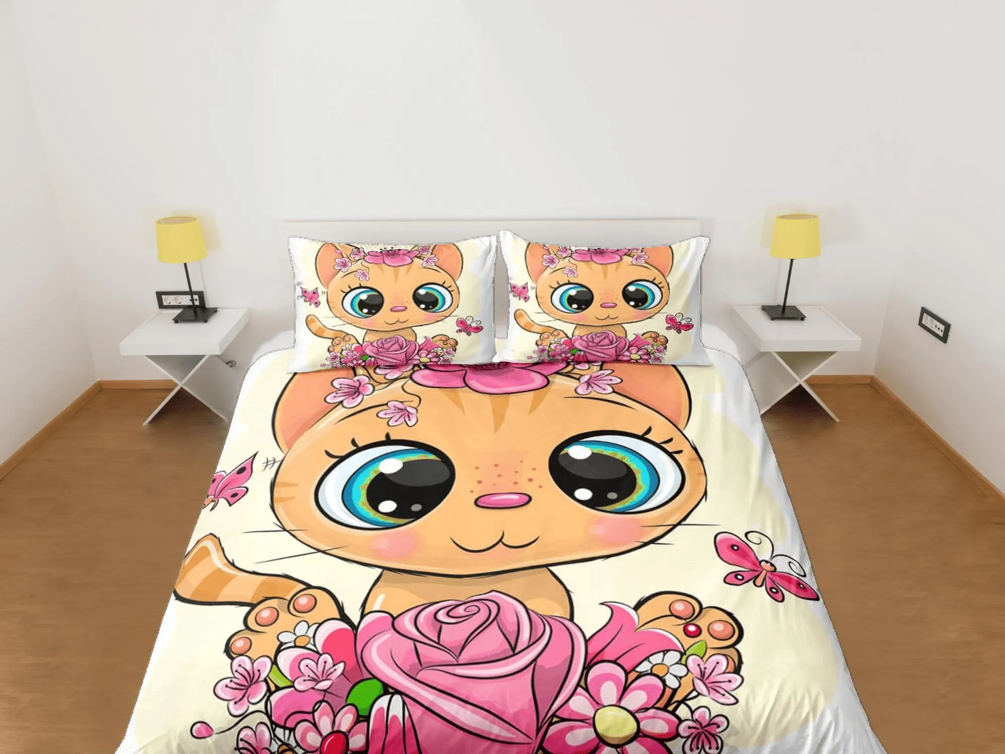 Cute Floral Big Eyed Cat Bedding, Girly Toddler Bedding, Kids Duvet Cover Set, Baby Bedding, Baby Shower Doona Cover up to California King