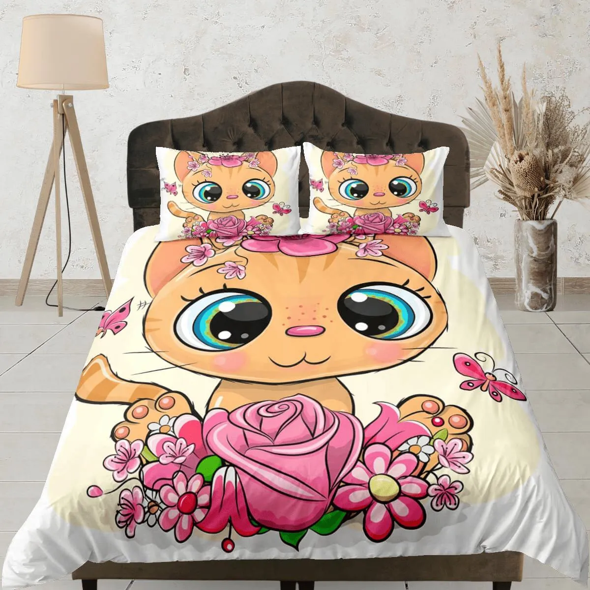 Cute Floral Big Eyed Cat Bedding, Girly Toddler Bedding, Kids Duvet Cover Set, Baby Bedding, Baby Shower Doona Cover up to California King