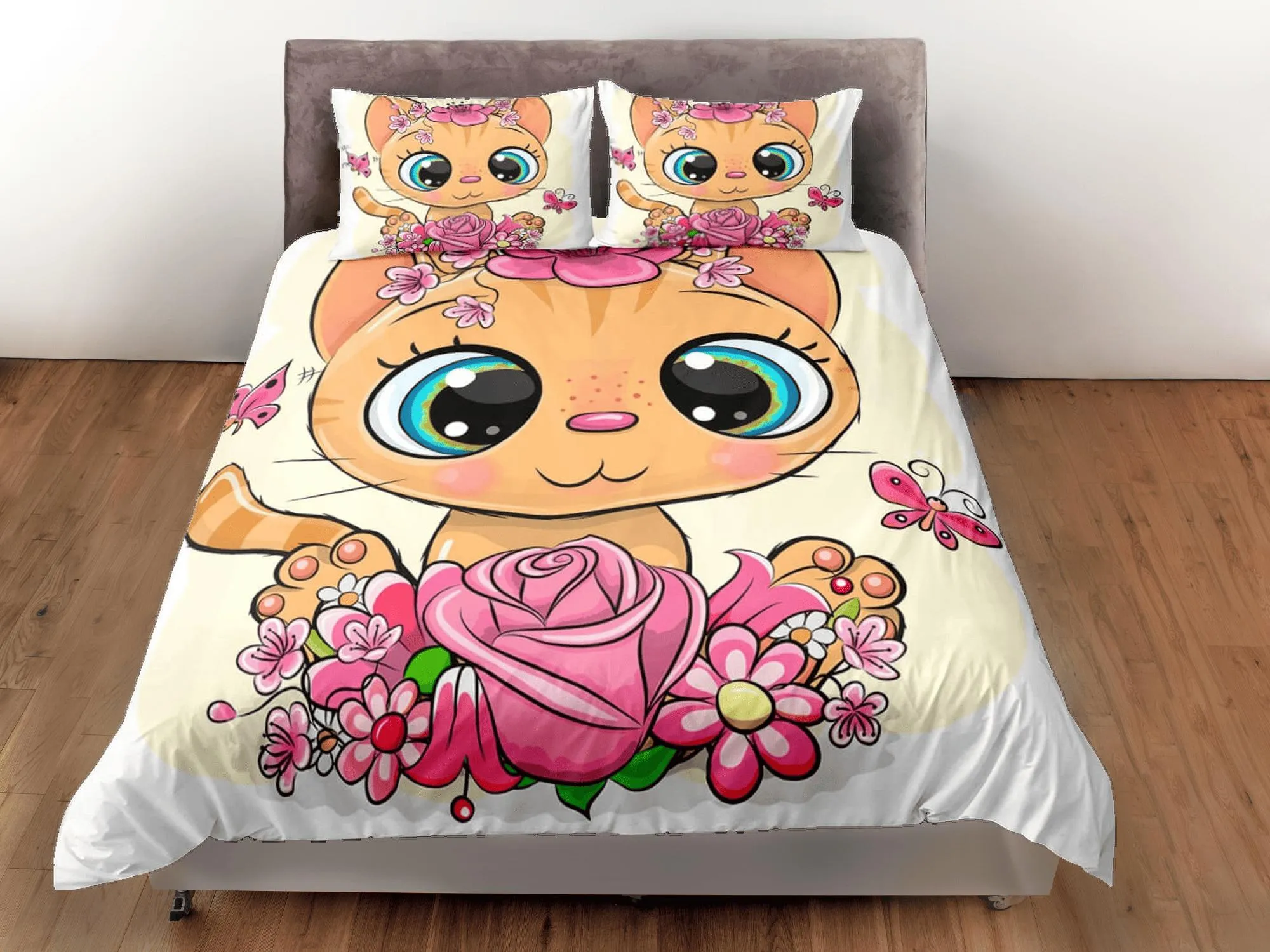 Cute Floral Big Eyed Cat Bedding, Girly Toddler Bedding, Kids Duvet Cover Set, Baby Bedding, Baby Shower Doona Cover up to California King