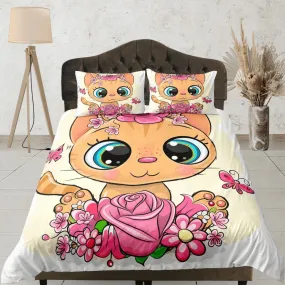 Cute Floral Big Eyed Cat Bedding, Girly Toddler Bedding, Kids Duvet Cover Set, Baby Bedding, Baby Shower Doona Cover up to California King