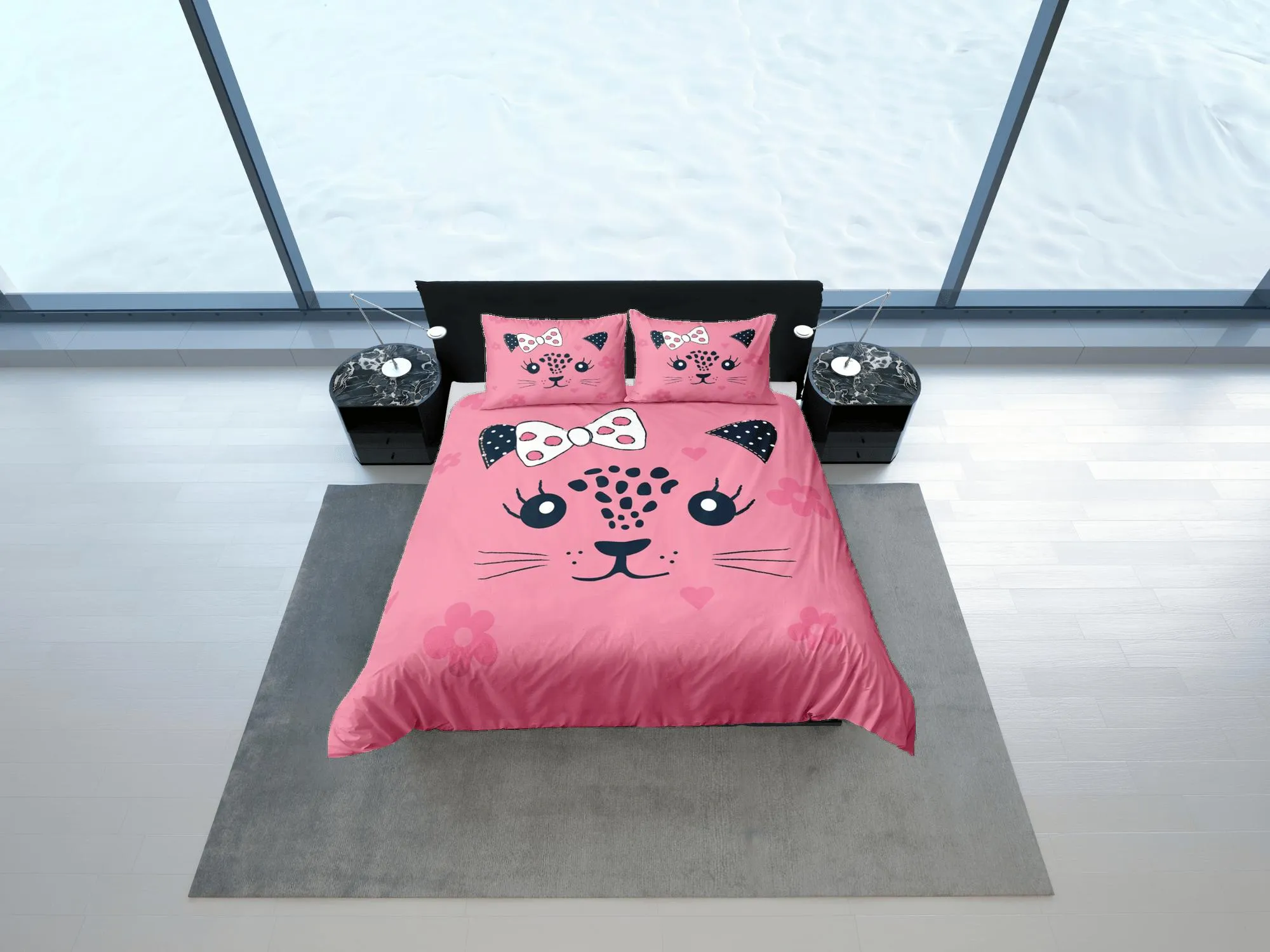 Cute Girly Cat Pink Bedding, Toddler Bedding, Kids Duvet Cover Set, Baby Bedding Cat Face with Ribbon Doona Cover up to California King Size