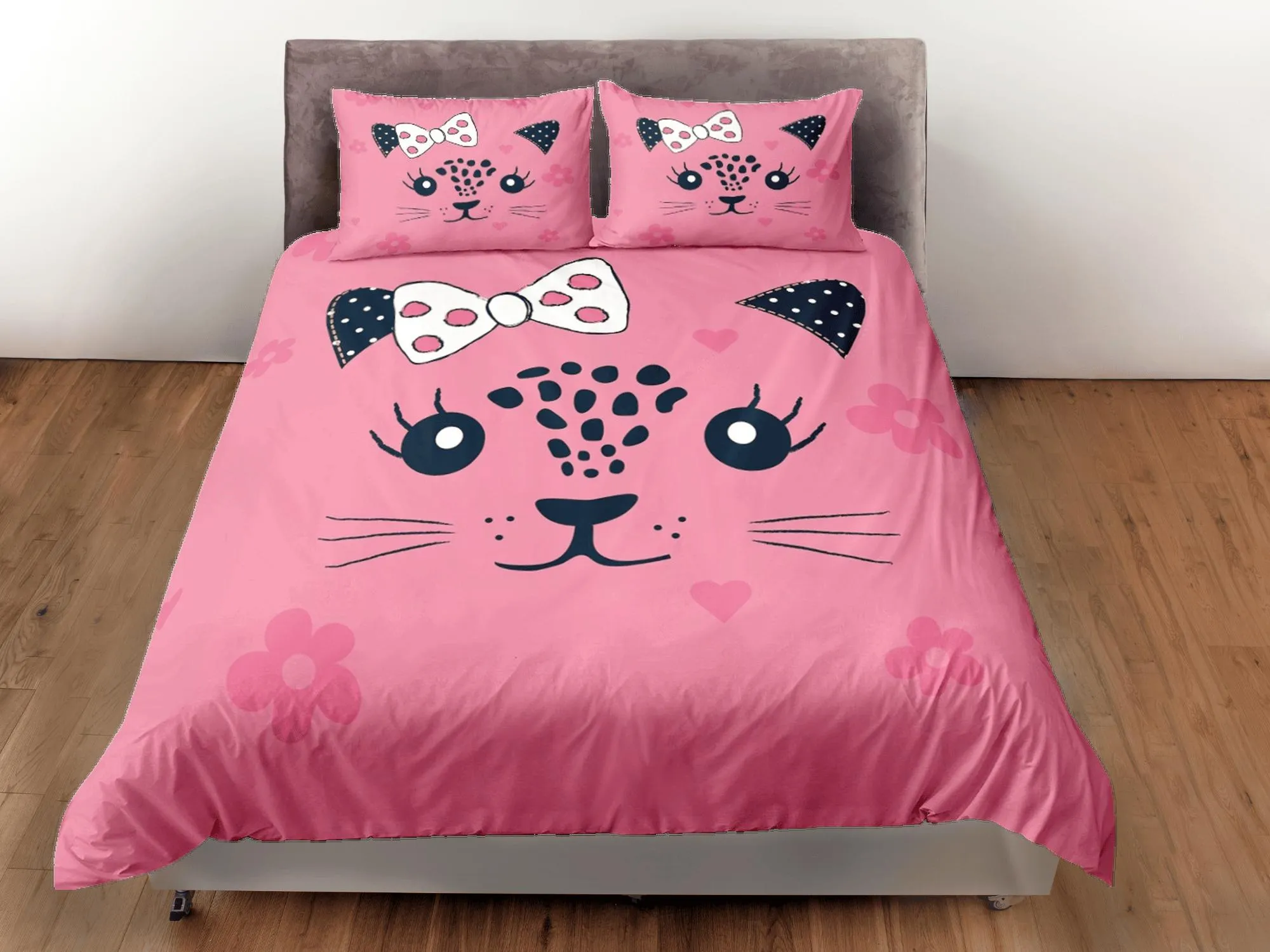 Cute Girly Cat Pink Bedding, Toddler Bedding, Kids Duvet Cover Set, Baby Bedding Cat Face with Ribbon Doona Cover up to California King Size
