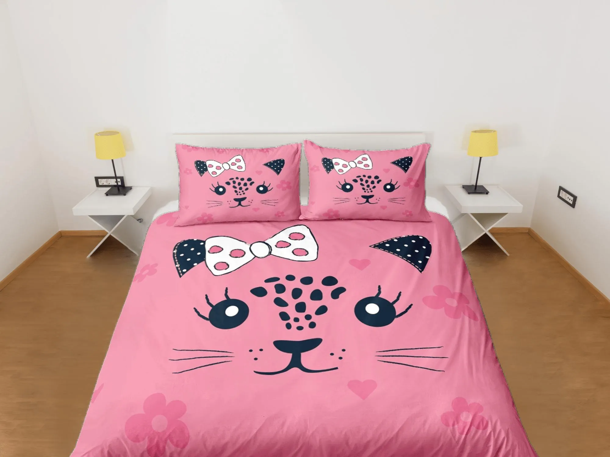 Cute Girly Cat Pink Bedding, Toddler Bedding, Kids Duvet Cover Set, Baby Bedding Cat Face with Ribbon Doona Cover up to California King Size