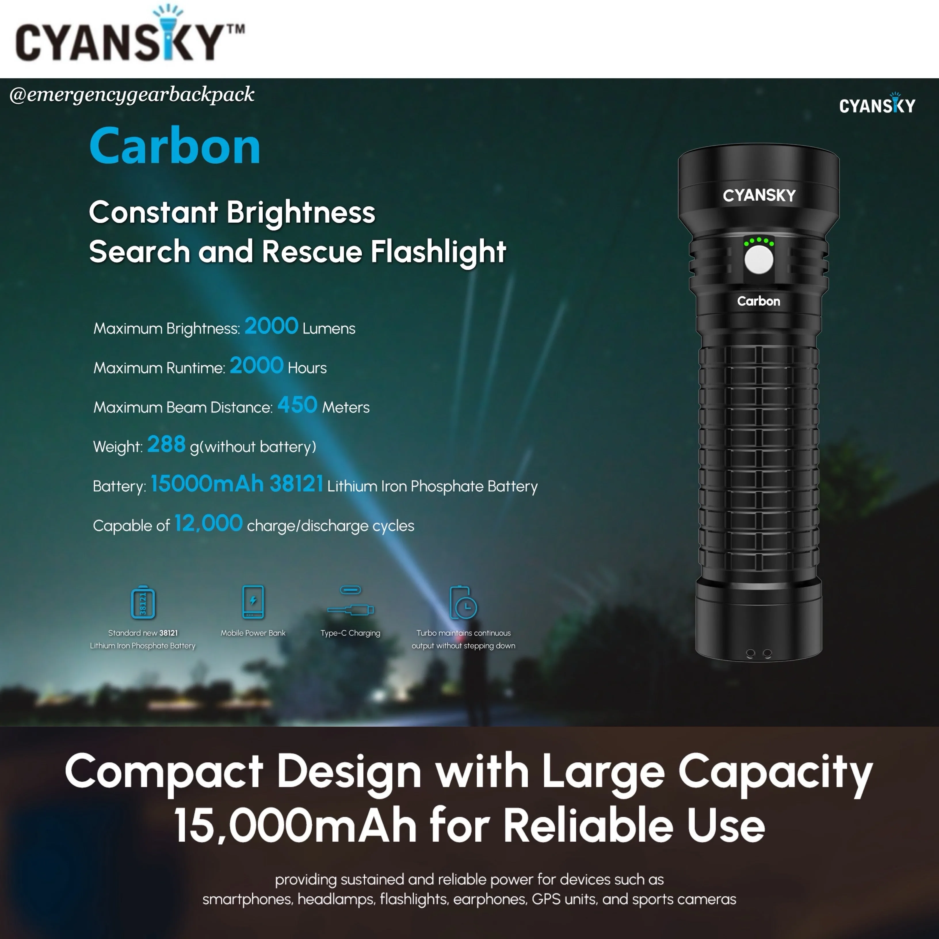 Cyansky Carbon Portable Steady Beam Searchlight 2000 Lumens 450M