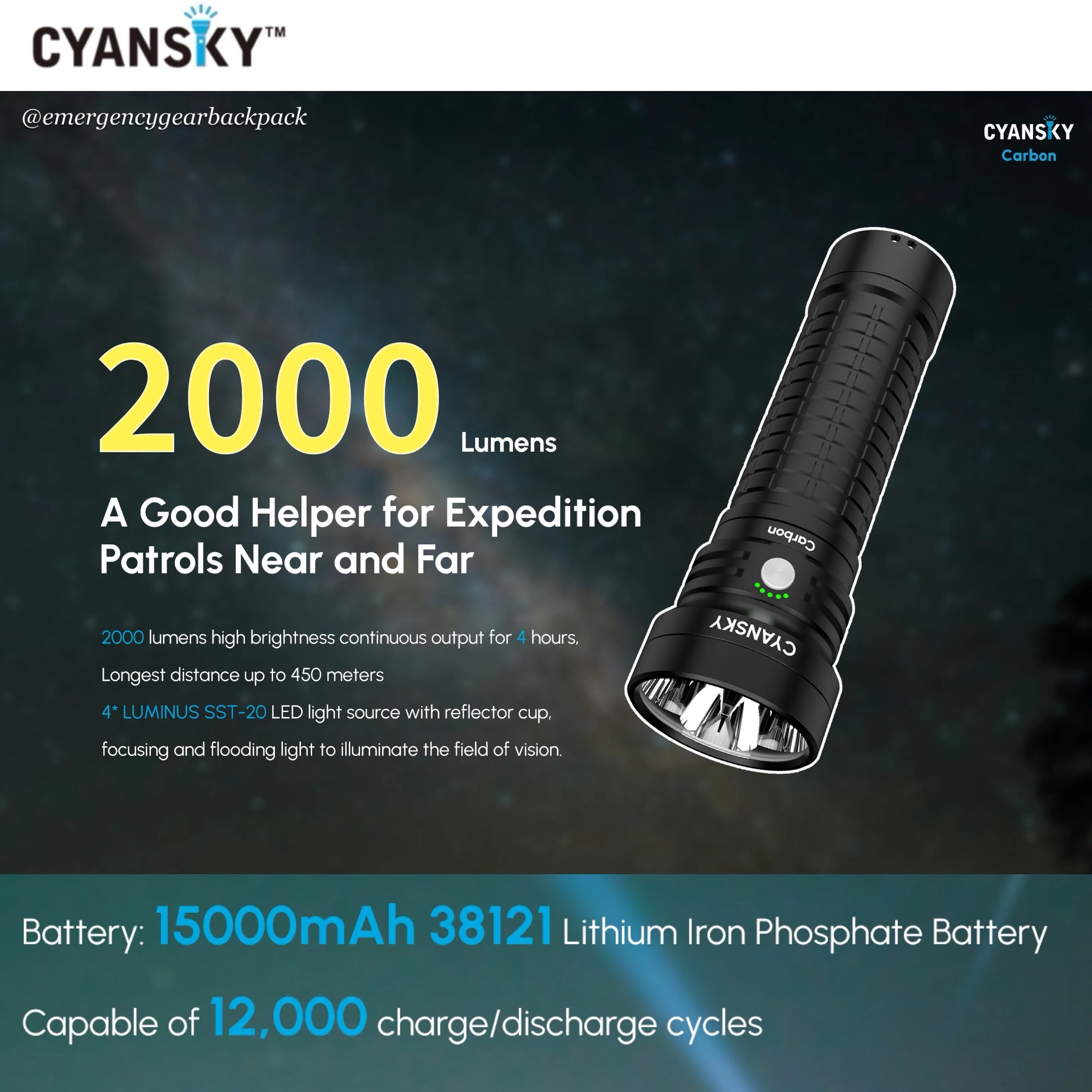 Cyansky Carbon Portable Steady Beam Searchlight 2000 Lumens 450M