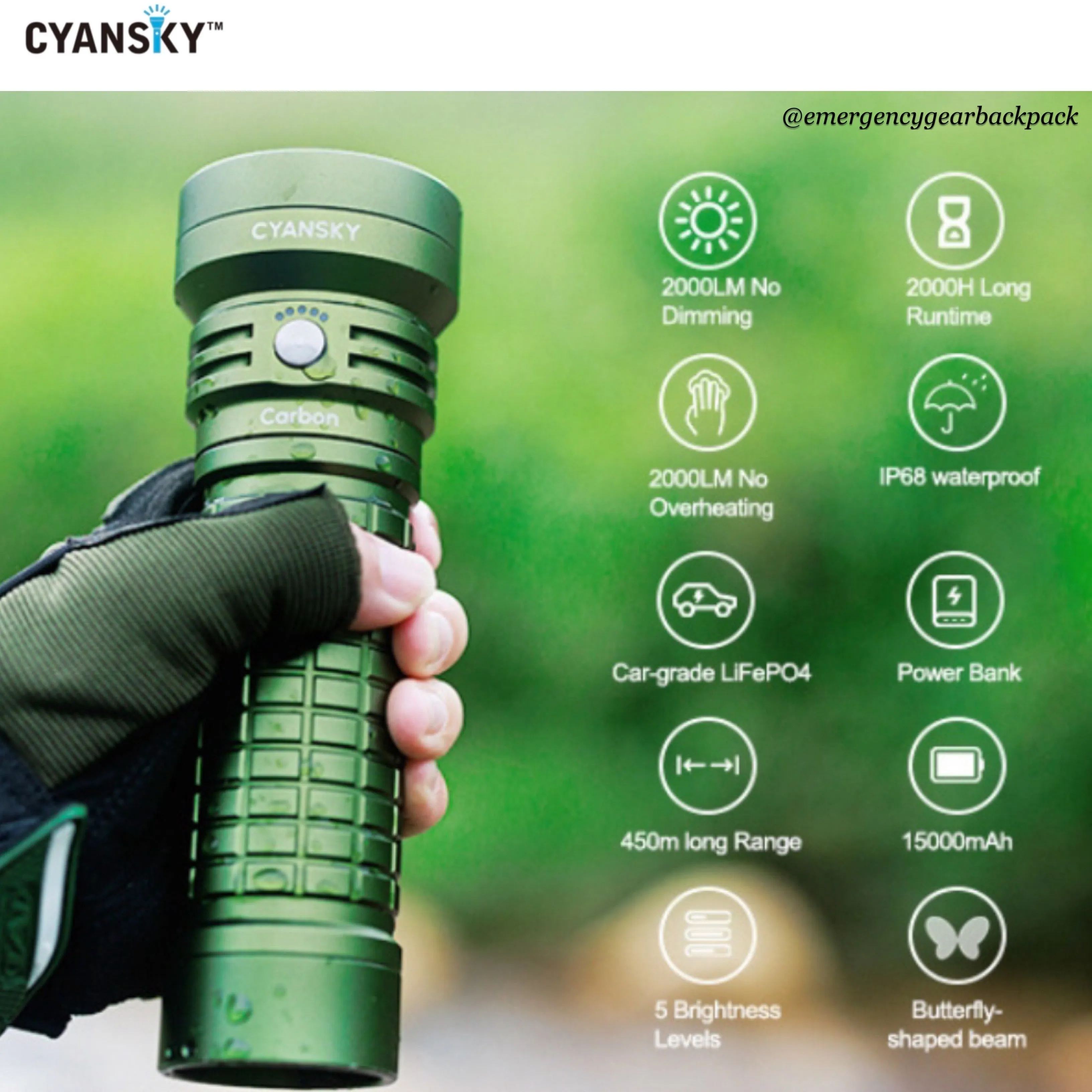 Cyansky Carbon Portable Steady Beam Searchlight 2000 Lumens 450M