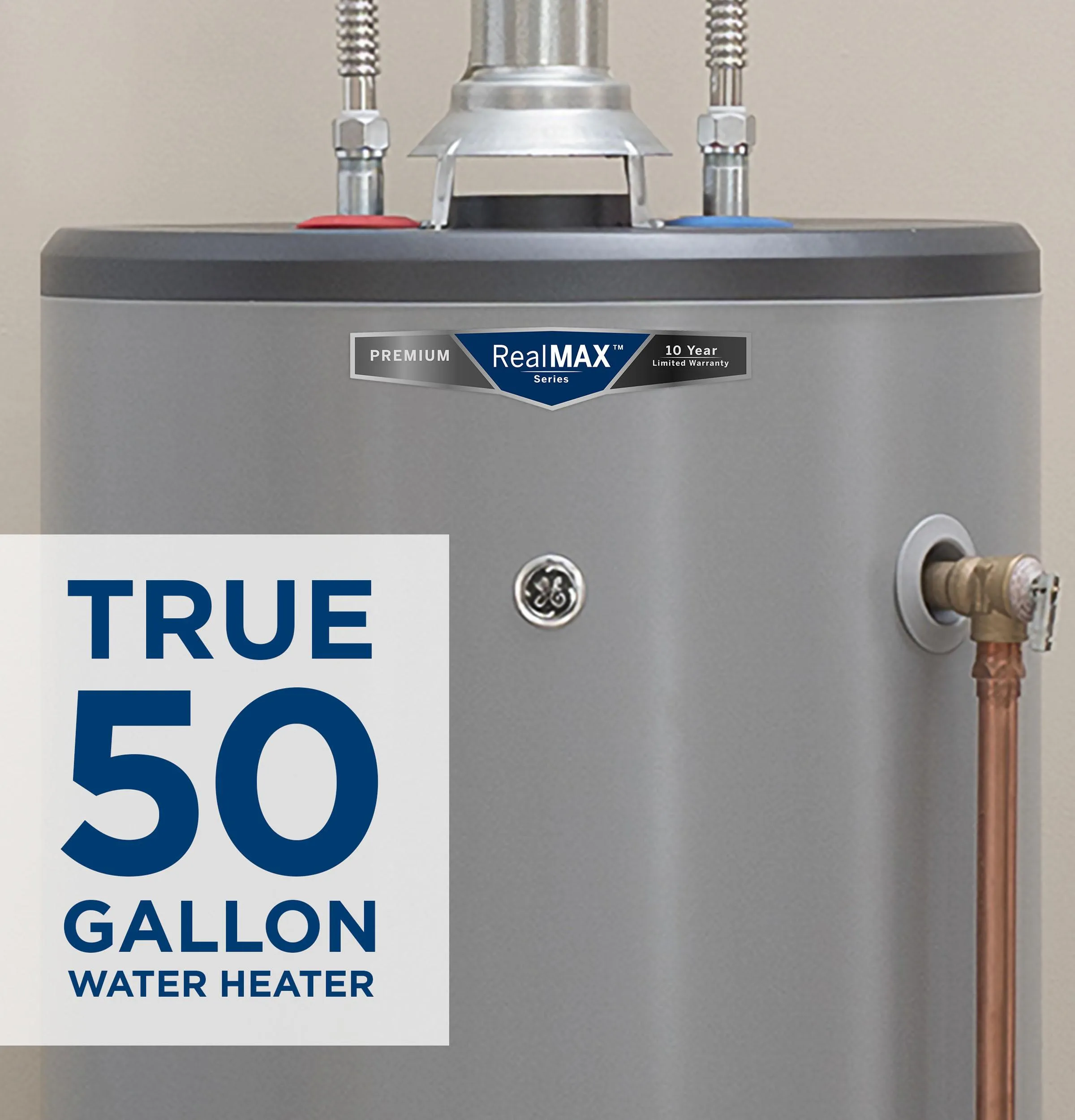 GG50T10BXR GE RealMAX Premium 50-Gallon Tall Natural Gas Atmospheric Water Heater