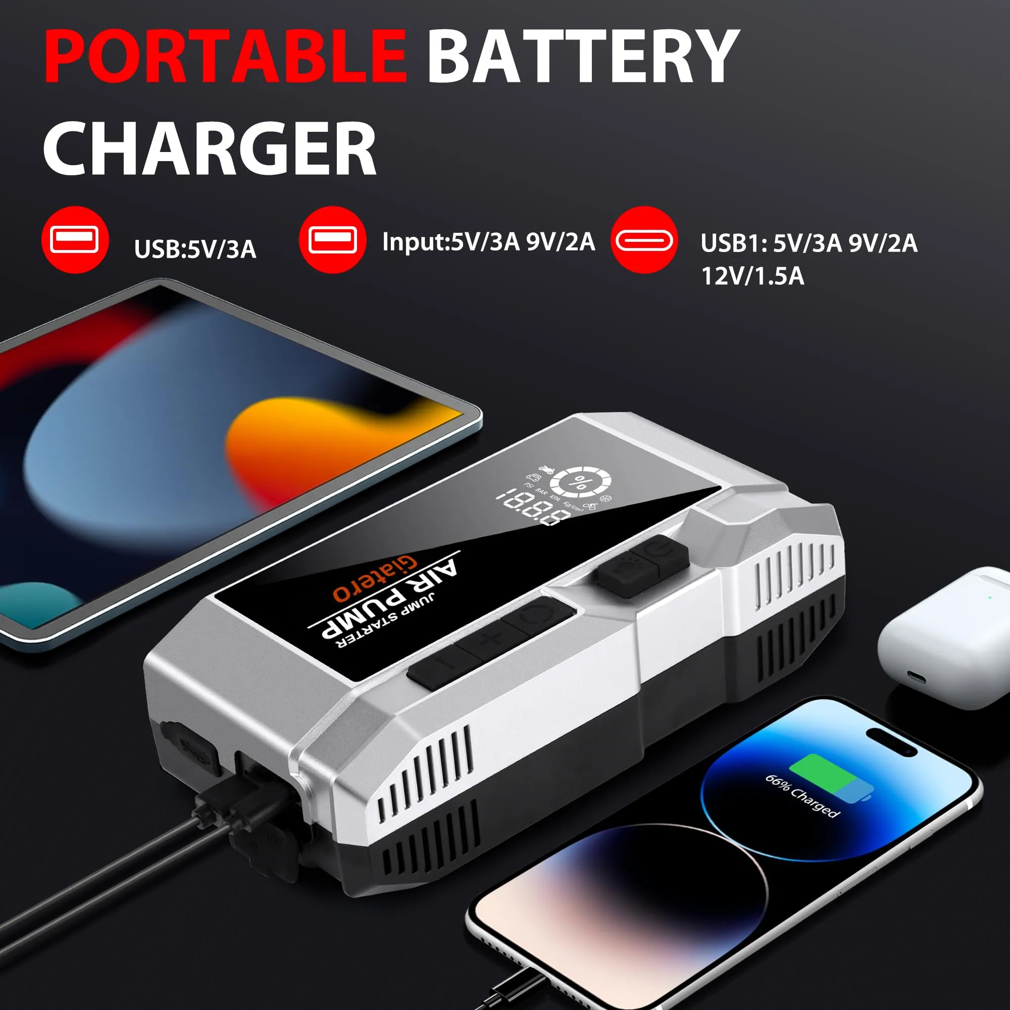 Giatero 4000A Portable Jump Starter with Air Compressor