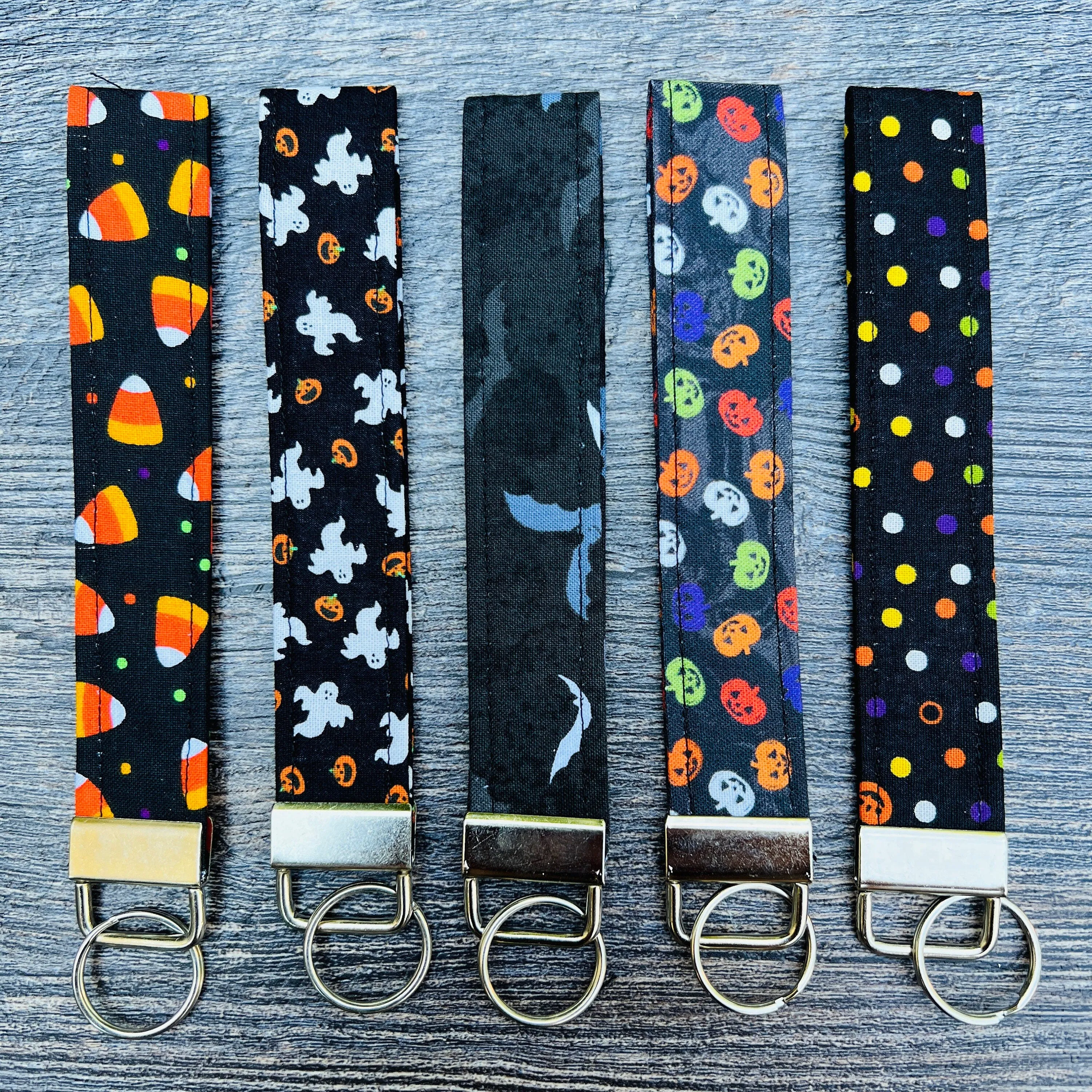 Handmade Halloween Spooky Pumpkin Bat Candy Corn Jack-o-Lantern Ghost 6" Fabric Key Fob Keyfob Keychain Wristlet Keys