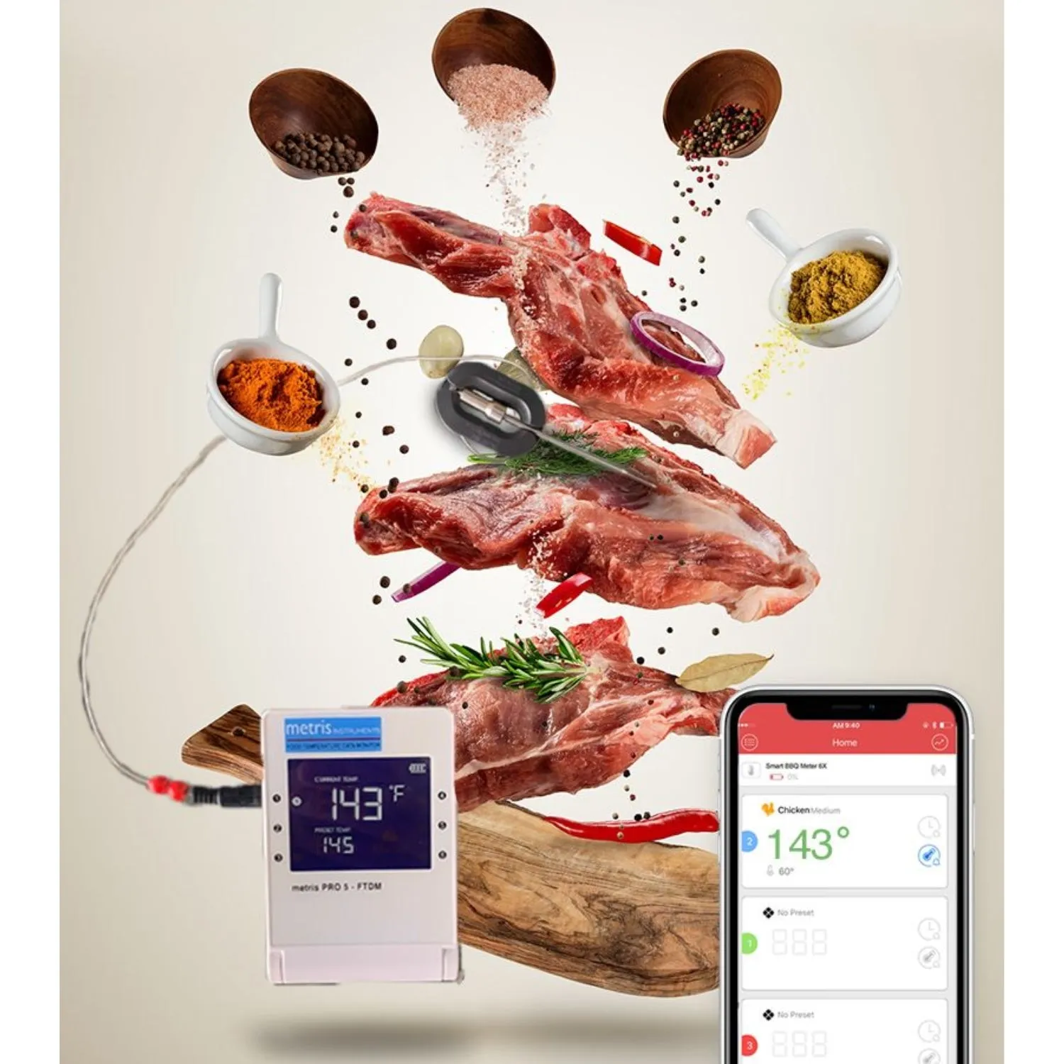Metris Instruments Model PRO5-Food Temperature Data Monitor- FTDM, Alarms, Oven-Crock Pot and BBQ Digital Thermometer Wireless Bluetooth with Stainless Steel Needle Tip Probes, Software Remote Monitoring