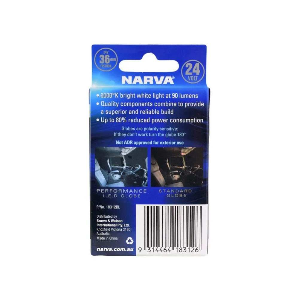 Narva 18312BL 24V 6000K LED Festoon Globe - Single, 8.5x36mm
