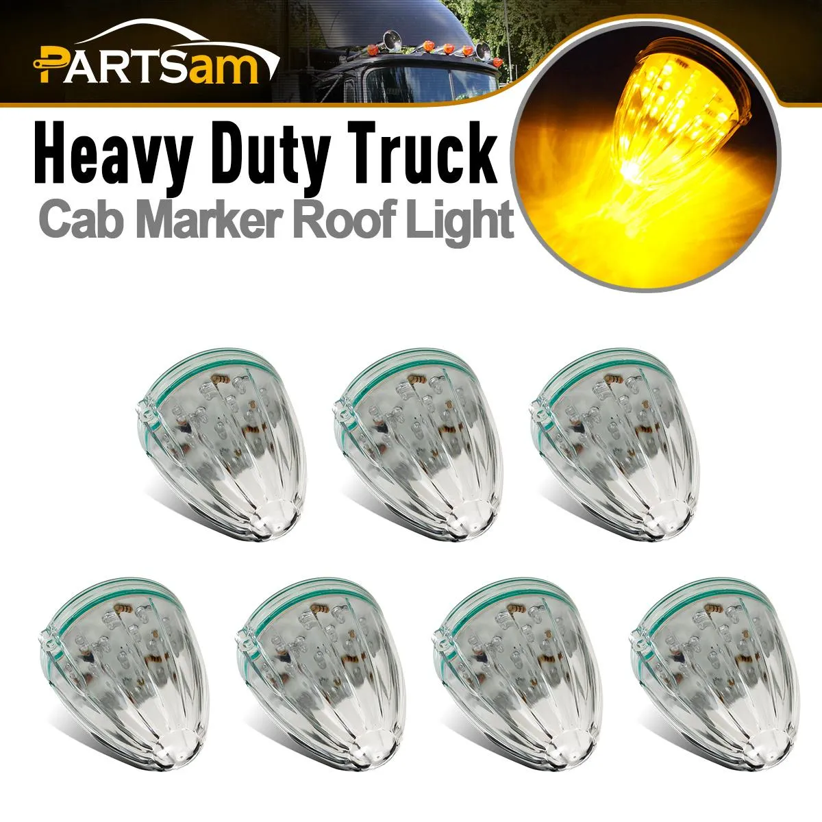 Partsam 7pcs Top Roof Running Amber Cab Marker Lights 17LED Clear Lens Replacement for Kenworth Peterbilt Freightliner Mack Truck Trailer