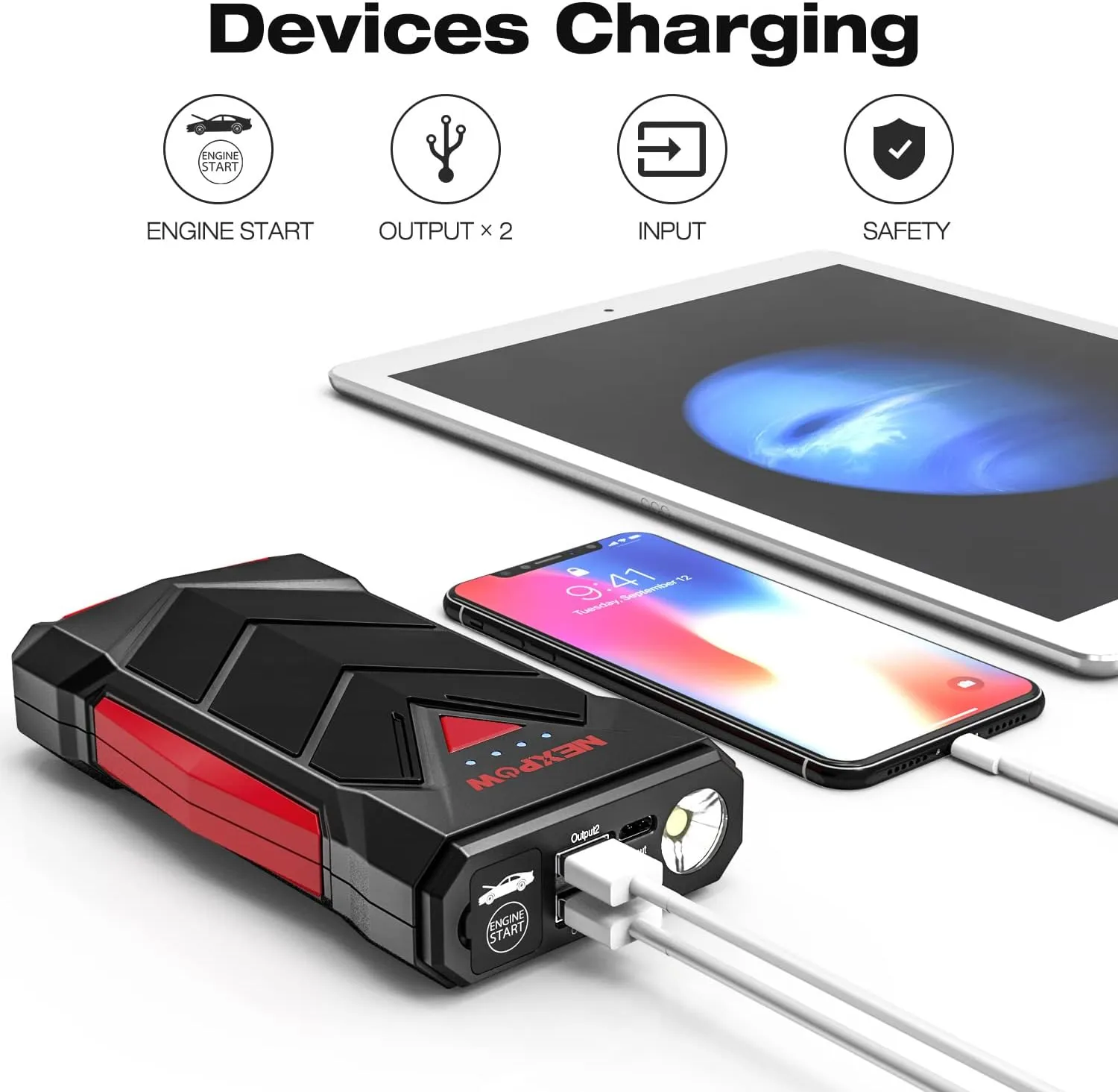 Portable12V Car Battery Jump Starter Power Pack with USB Quick Charge and Built-in LED Light