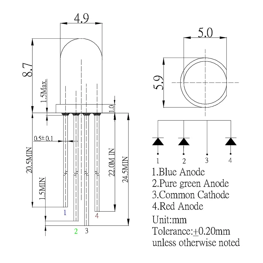 RGB 5mm Diffused LED - 60deg - 2180mcd - Cmn Cathode
