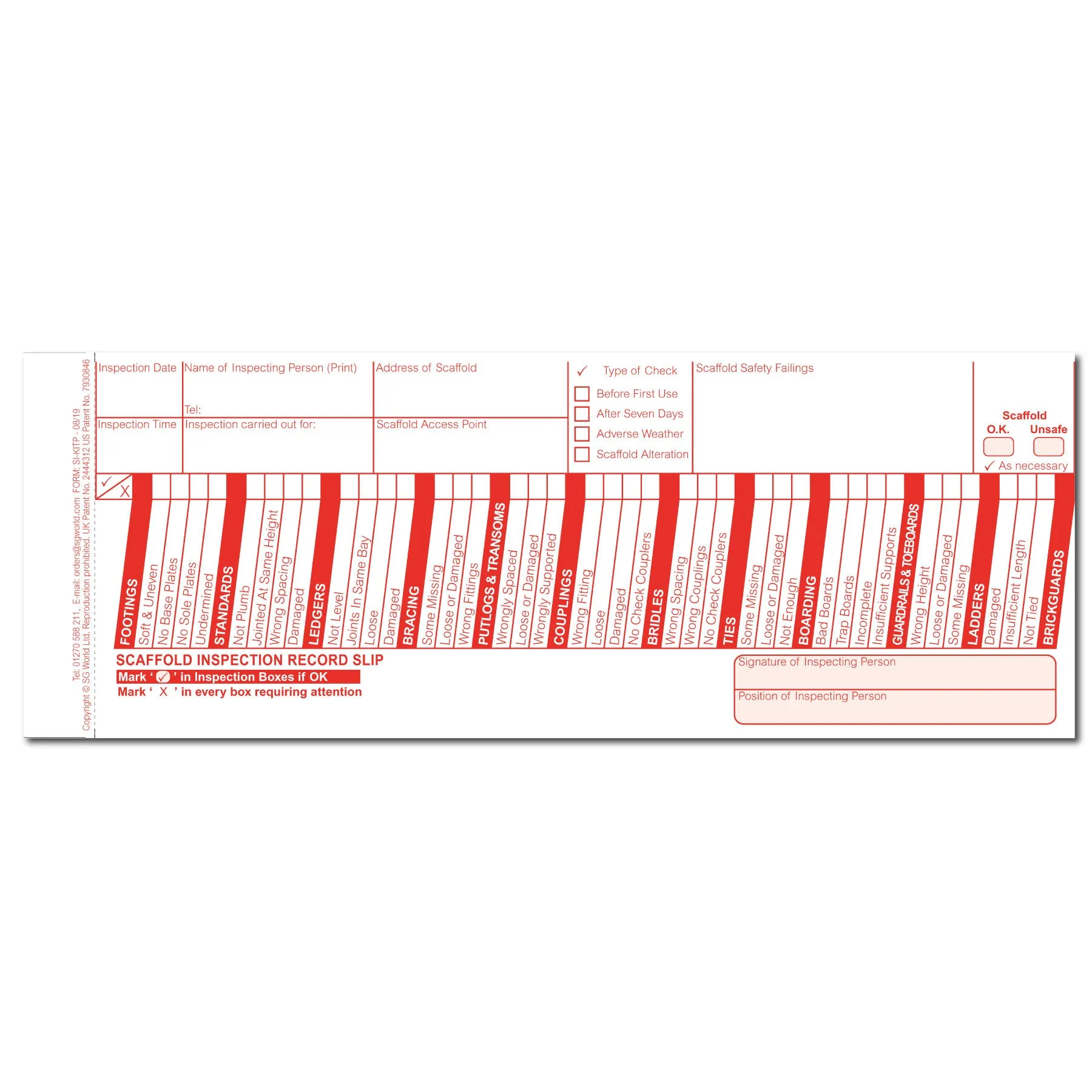 Scaffold Pre-Use Visual Inspection Checklist (Pad of 30)