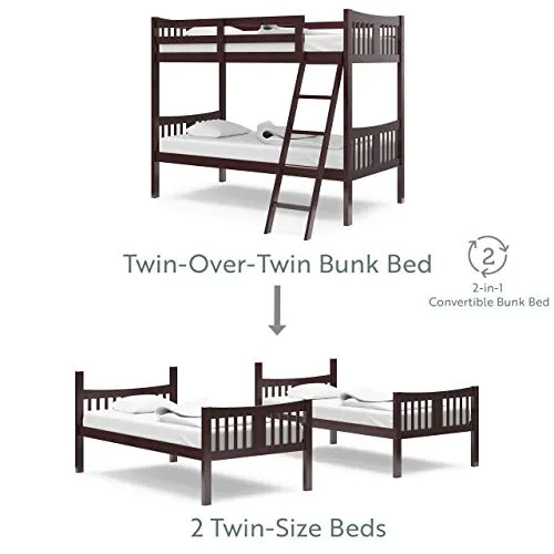 Storkcraft Caribou Solid Hardwood Twin Bunk Bed with Ladder and Safety Rail, Espresso